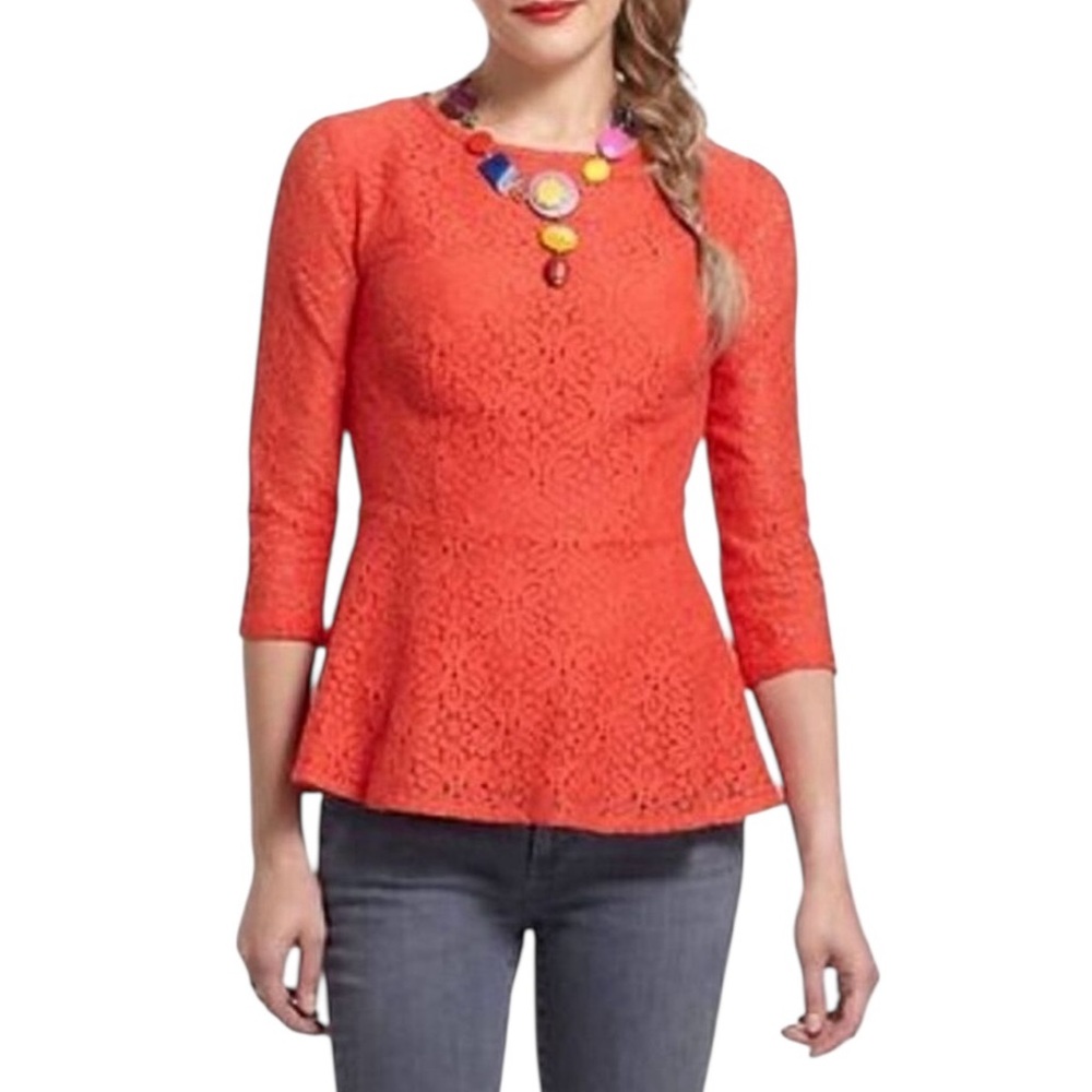 Anthropologie Moulinette Soeurs Coral Orange Lace Peplum Top - 10